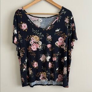 MAURICES 24/7 Navy Floral Deep V-Neck Fitted Stretch Short Sleeve Top 2x